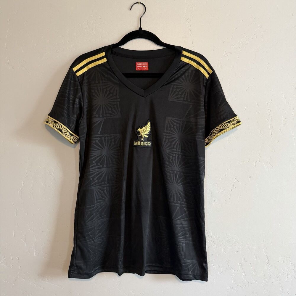Mexico Soccer Team Jersey Womens Size Large Black Gold Short Sleeve